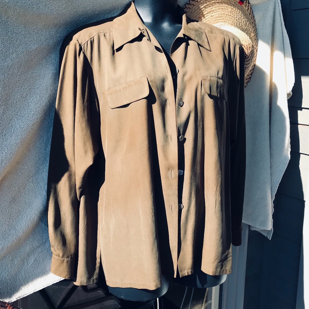 Barry Bricken olive oversized long sleeve silk camp shirt, L - Picture 4 of 5
